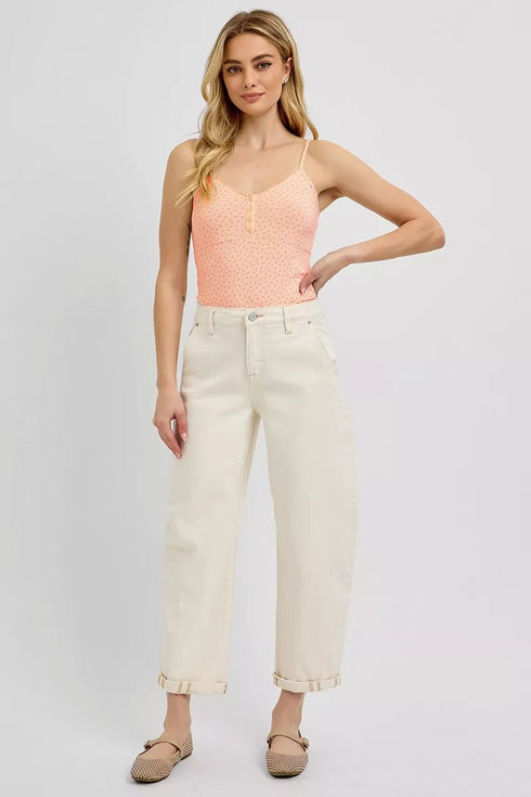 RISEN High Rise Relaxed Barrel Cuffed Jeans - LISA MARIE BOUTIQUE - IVORY - 0 -