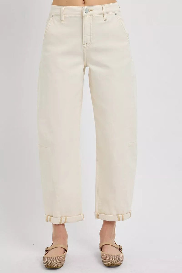 RISEN High Rise Relaxed Barrel Cuffed Jeans - LISA MARIE BOUTIQUE - IVORY - 0 -