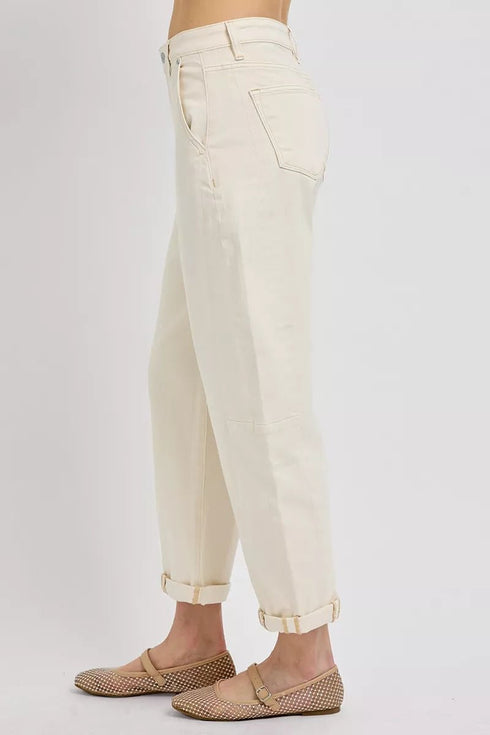 RISEN High Rise Relaxed Barrel Cuffed Jeans - LISA MARIE BOUTIQUE - IVORY - 0 -