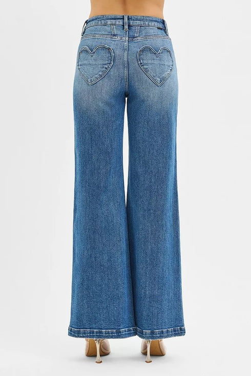 RISEN High Rise Wide Leg Jenas with Front Yoke and Heart Back Pocket - LISA MARIE BOUTIQUE - MEDIUM - 0 -