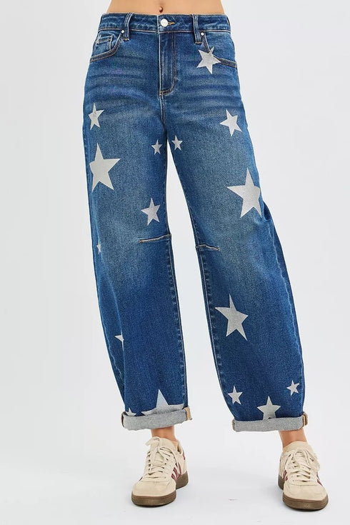 RISEN Mid Rise Ankle Length Relaxed Barrel Star Printed Jeans - LISA MARIE BOUTIQUE - DARK - 0 -