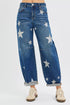 RISEN Mid Rise Ankle Length Relaxed Barrel Star Printed Jeans - LISA MARIE BOUTIQUE - DARK - 0 -