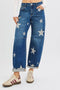 RISEN Mid Rise Ankle Length Relaxed Barrel Star Printed Jeans - LISA MARIE BOUTIQUE - DARK - 0 -