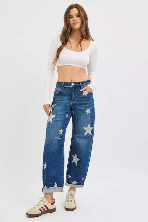 RISEN Mid Rise Ankle Length Relaxed Barrel Star Printed Jeans - LISA MARIE BOUTIQUE - DARK - 0 -