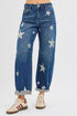 RISEN Mid Rise Ankle Length Relaxed Barrel Star Printed Jeans - LISA MARIE BOUTIQUE - DARK - 0 -
