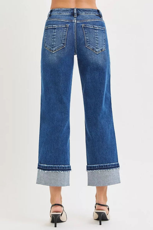 RISEN Mid Rise Ankle Straight Jeans with Cuffed Hem - LISA MARIE BOUTIQUE - DARK - 0 -