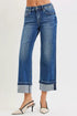 RISEN Mid Rise Ankle Straight Jeans with Cuffed Hem - LISA MARIE BOUTIQUE - DARK - 0 -