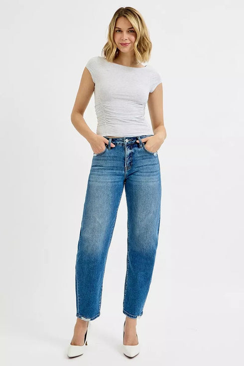 RISEN Tummy Control High Rise Ankle Slim Barrel Jeans - LISA MARIE BOUTIQUE - MEDIUM - 0 -