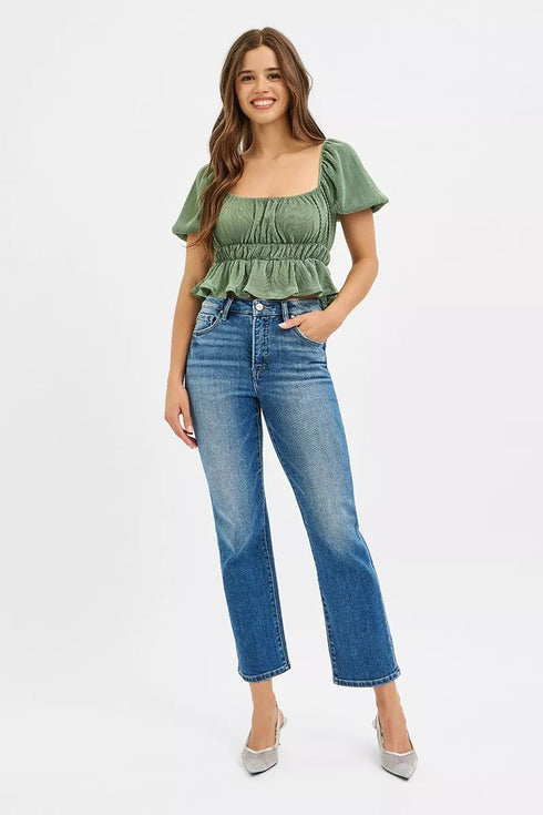 RISEN Tummy Control High Rise Crop Straight Jeans - LISA MARIE BOUTIQUE - MEDIUM - 0 -