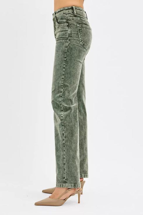 RISEN Tummy Control Mid Rise Straight Leg Corduroy Pants - LISA MARIE BOUTIQUE - FOREST - 0 -