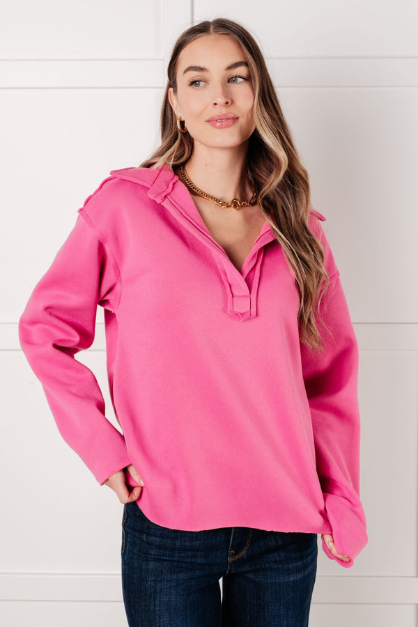 Same Ol' Situation Collared Pullover in Hot Pink - LISA MARIE BOUTIQUE - Tops - Small -