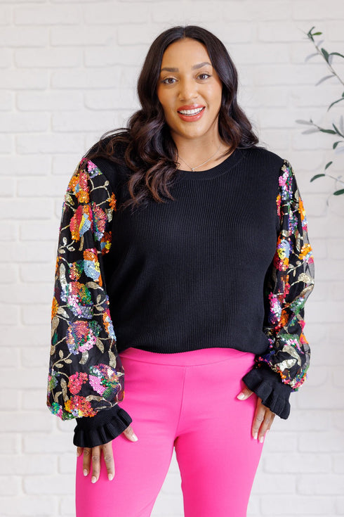 She is the Party Floral Sequins Mesh Sleeve Top - LISA MARIE BOUTIQUE - Tops - Small -