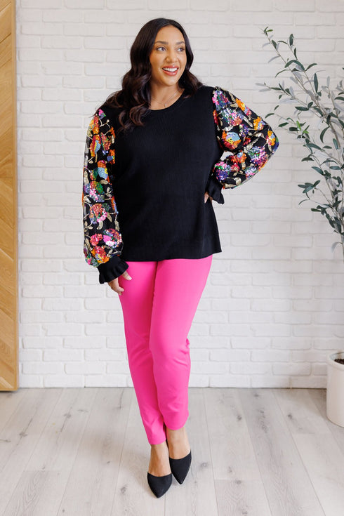 She is the Party Floral Sequins Mesh Sleeve Top - LISA MARIE BOUTIQUE - Tops - Small -