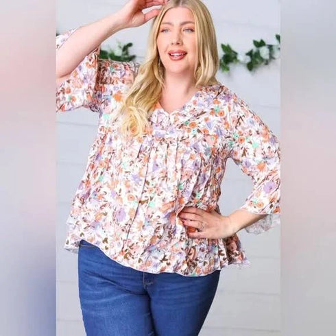 Lavender Watercolor Floral Ruffle Top