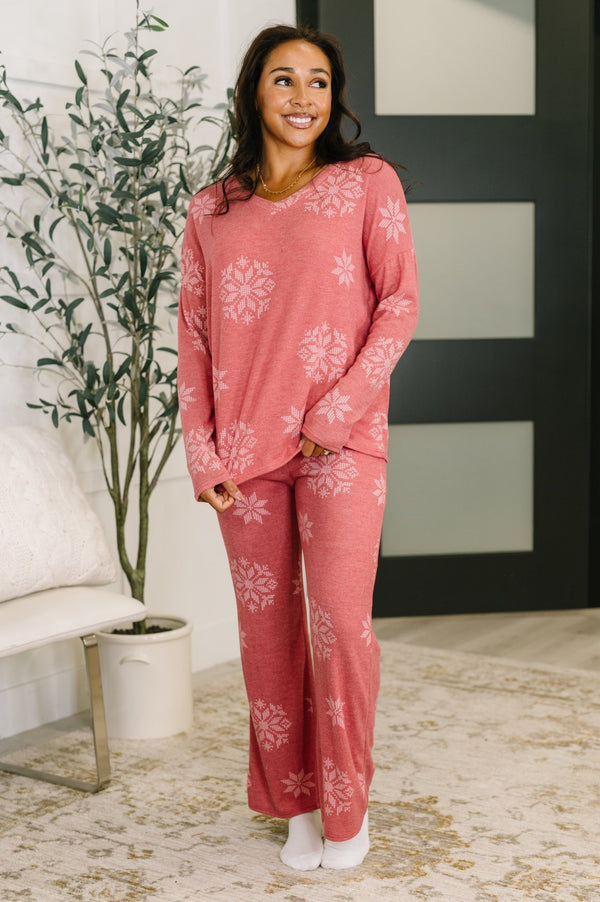 Snowflake Sniffles Pajama Set in Red - LISA MARIE BOUTIQUE - Womens - Small -