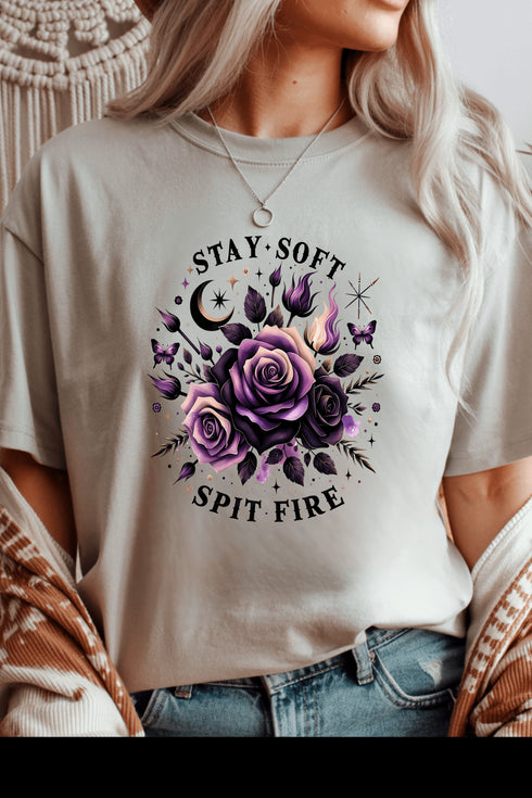 Stay Soft Spit Fire T-Shirt - LISA MARIE BOUTIQUE - S - Ice Grey Gildan Tee -