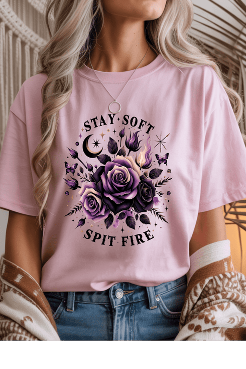 Stay Soft Spit Fire T-Shirt - LISA MARIE BOUTIQUE - S - Light Pink Gildan Tee -