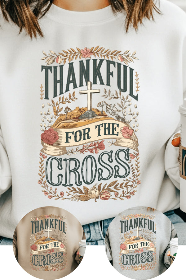 Thankful for the Cross Sweatshirt - LISA MARIE BOUTIQUE - S - White Gildan Sweatshirt -