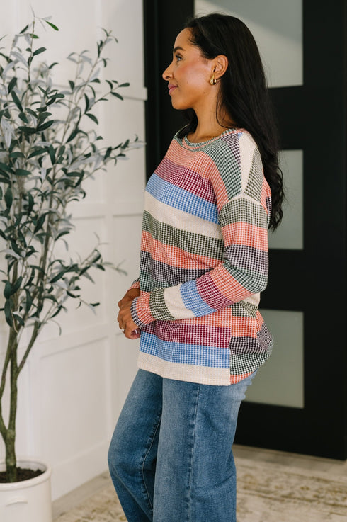 To Be Determined Drop Shoulder Top in Rust, Olive and Blue - LISA MARIE BOUTIQUE - Womens - Small -