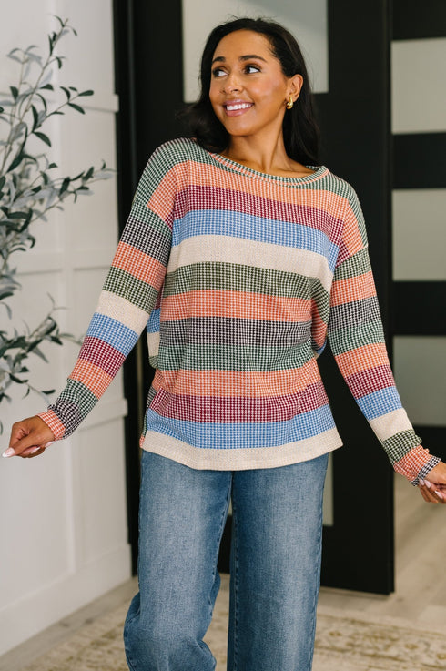 To Be Determined Drop Shoulder Top in Rust, Olive and Blue - LISA MARIE BOUTIQUE - Womens - Small -