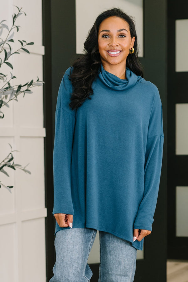 Travel Destination Cowl Neck Pullover in Dark Teal - LISA MARIE BOUTIQUE - Womens - Small -