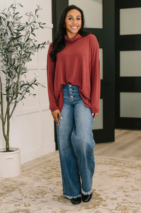 Travel Destination Cowl Neck Pullover in Wine - LISA MARIE BOUTIQUE - Womens - Small -