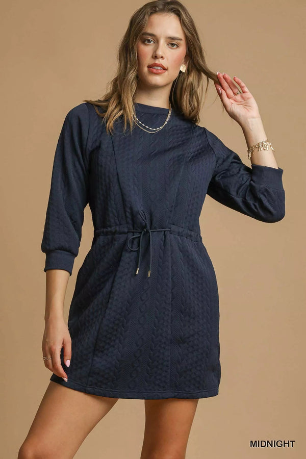 Umgee Drawstring Cable Knit Mini Dress with Pockets - LISA MARIE BOUTIQUE - MIDNIGHT - XS -