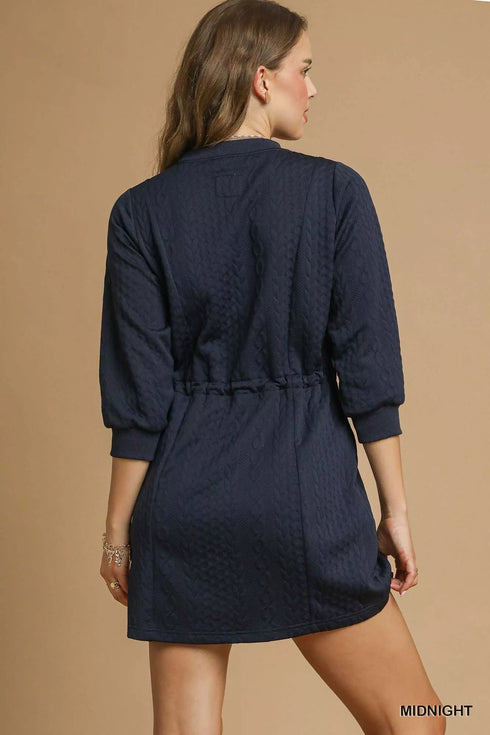 Umgee Drawstring Cable Knit Mini Dress with Pockets - LISA MARIE BOUTIQUE - MIDNIGHT - XS -