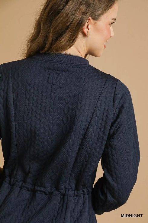 Umgee Drawstring Cable Knit Mini Dress with Pockets - LISA MARIE BOUTIQUE - MIDNIGHT - XS -