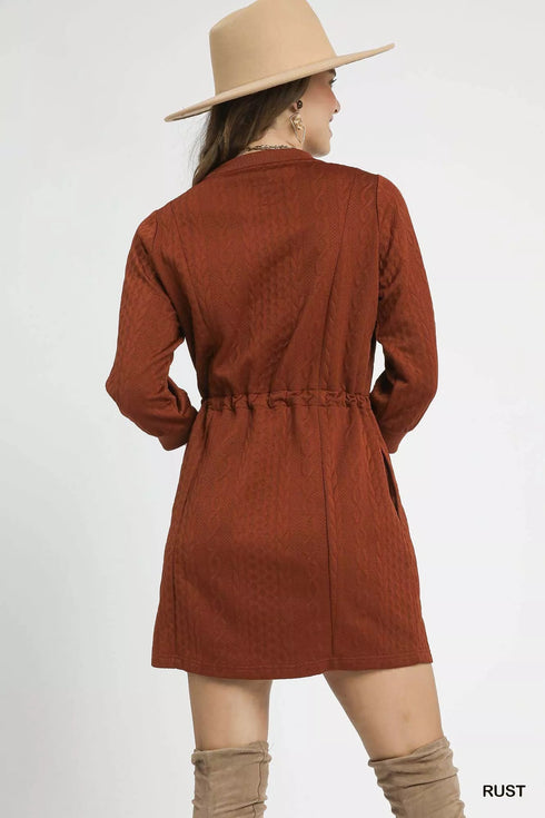 Umgee Drawstring Cable Knit Mini Dress with Pockets - LISA MARIE BOUTIQUE - Rust - XS -