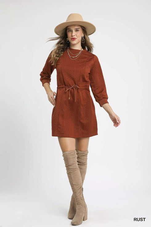 Umgee Drawstring Cable Knit Mini Dress with Pockets - LISA MARIE BOUTIQUE - Rust - XS -