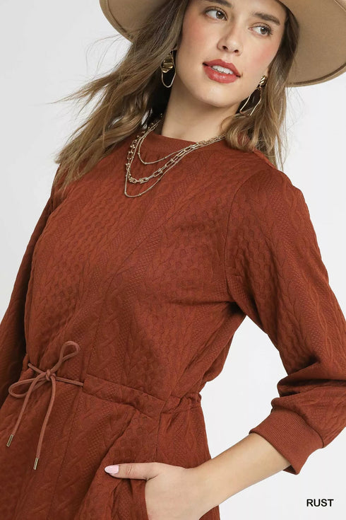 Umgee Drawstring Cable Knit Mini Dress with Pockets - LISA MARIE BOUTIQUE - Rust - XS -