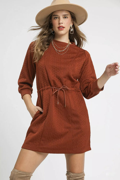 Umgee Drawstring Cable Knit Mini Dress with Pockets - LISA MARIE BOUTIQUE - Rust - XS -