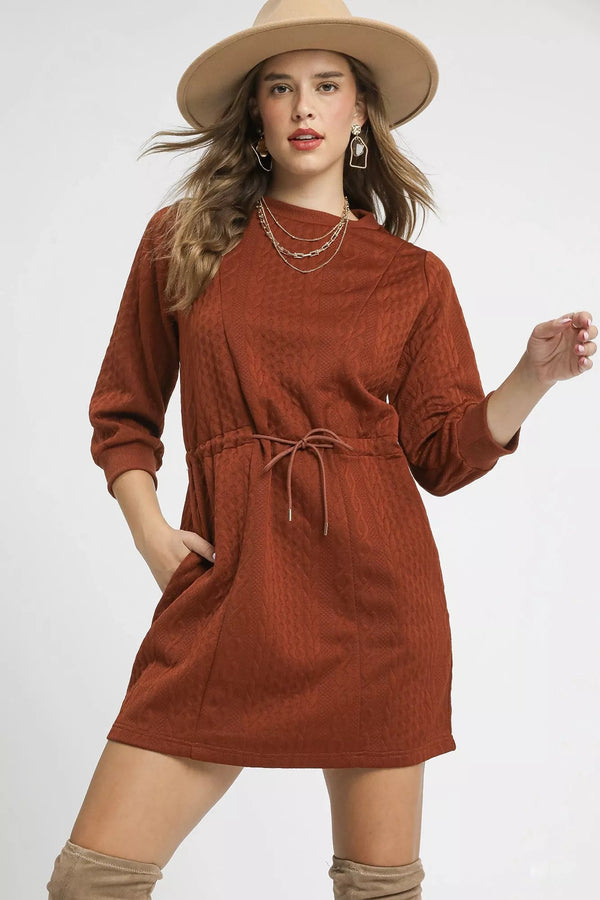 Umgee Drawstring Cable Knit Mini Dress with Pockets - LISA MARIE BOUTIQUE - Rust - XS -