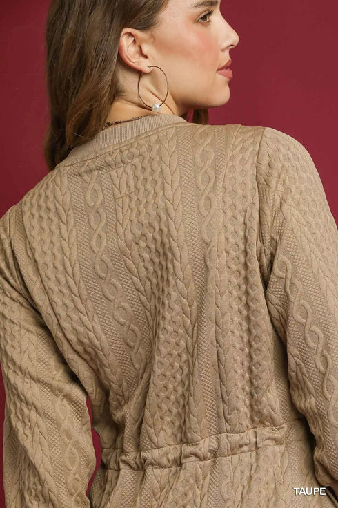Umgee Drawstring Cable Knit Mini Dress with Pockets - LISA MARIE BOUTIQUE - TAUPE - XS -