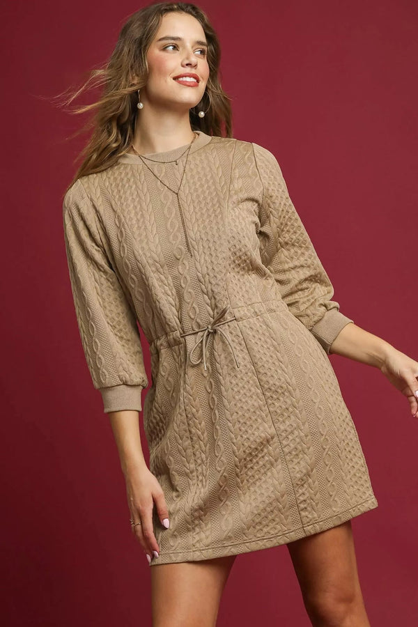 Umgee Drawstring Cable Knit Mini Dress with Pockets - LISA MARIE BOUTIQUE - TAUPE - XS -