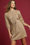 Umgee Drawstring Cable Knit Mini Dress with Pockets - LISA MARIE BOUTIQUE - TAUPE - XS -