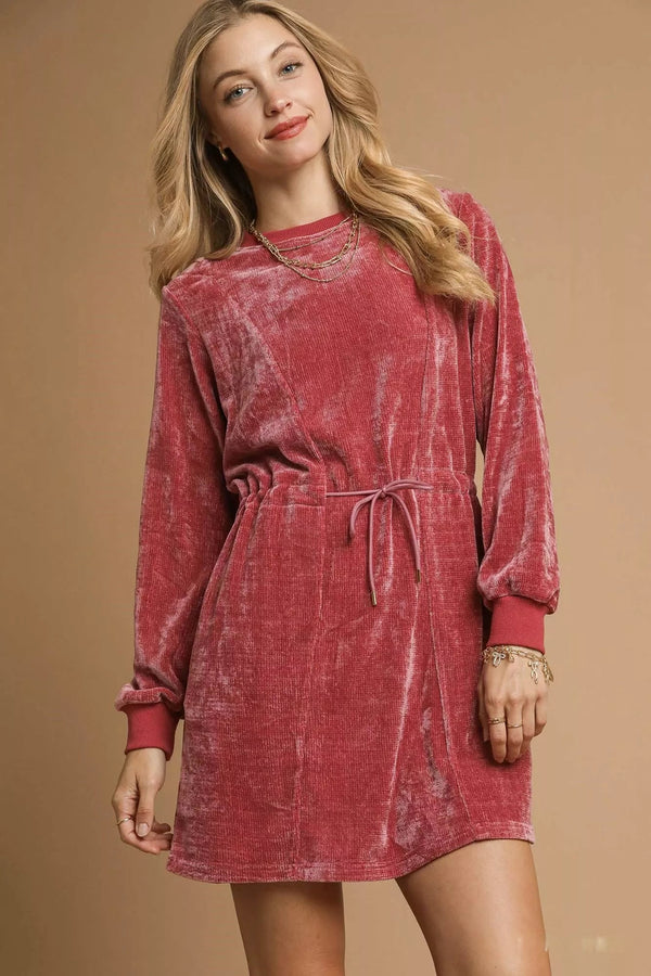 Umgee Velour Drawstring Mini Dress with Long Sleeves - LISA MARIE BOUTIQUE - BURGUNDY - XS -