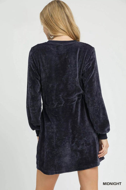 Umgee Velour Drawstring Mini Dress with Long Sleeves - LISA MARIE BOUTIQUE - MIDNIGHT - XS -
