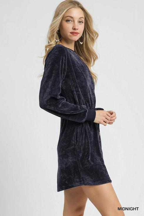 Umgee Velour Drawstring Mini Dress with Long Sleeves - LISA MARIE BOUTIQUE - MIDNIGHT - XS -