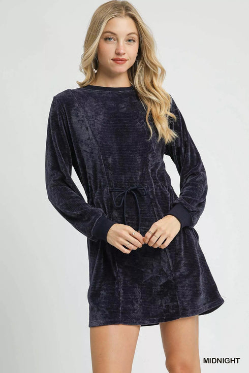 Umgee Velour Drawstring Mini Dress with Long Sleeves - LISA MARIE BOUTIQUE - MIDNIGHT - XS -