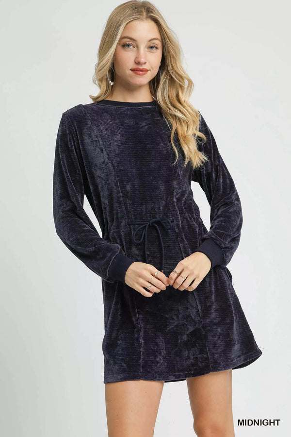 Umgee Velour Drawstring Mini Dress with Long Sleeves - LISA MARIE BOUTIQUE - MIDNIGHT - XS -