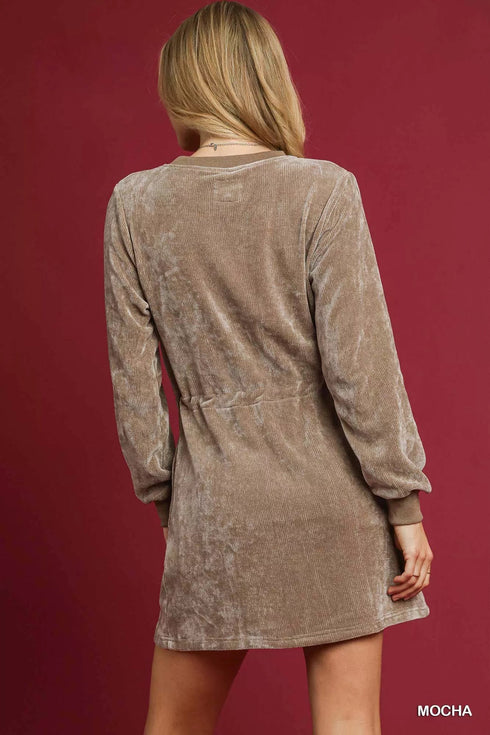 Umgee Velour Drawstring Mini Dress with Long Sleeves - LISA MARIE BOUTIQUE - MOCHA - XS -