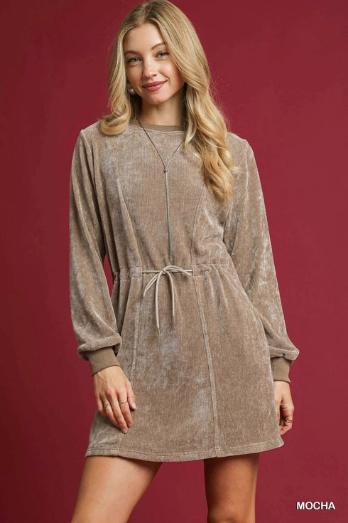 Umgee Velour Drawstring Mini Dress with Long Sleeves - LISA MARIE BOUTIQUE - MOCHA - XS -