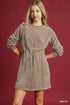 Umgee Velour Drawstring Mini Dress with Long Sleeves - LISA MARIE BOUTIQUE - MOCHA - XS -