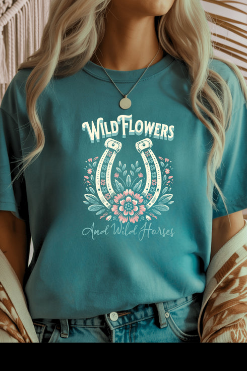 Wild Horses & Flowers Graphic Tee - LISA MARIE BOUTIQUE - Graphic Tee - S - Heather Galapagos Gildan Tee -