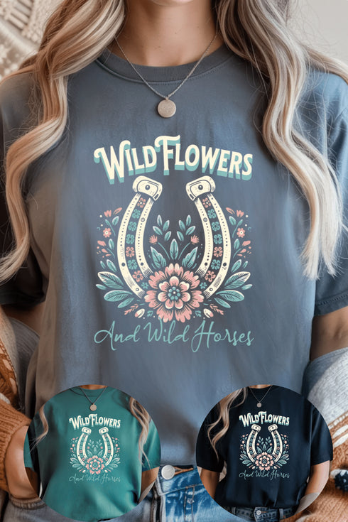 Wild Horses & Flowers Graphic Tee - LISA MARIE BOUTIQUE - Graphic Tee - S - Navy Gildan Tee -