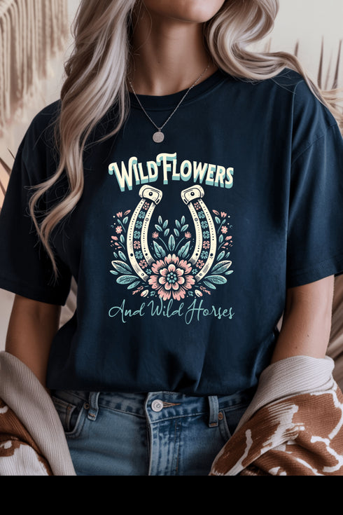 Wild Horses & Flowers Graphic Tee - LISA MARIE BOUTIQUE - Graphic Tee - S - Navy Gildan Tee -