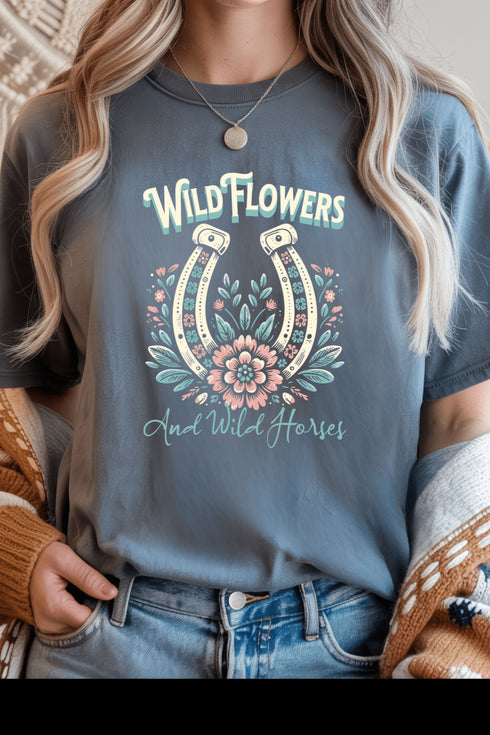 Wild Horses & Flowers Graphic Tee - LISA MARIE BOUTIQUE - Graphic Tee - S - Stone Blue Gildan Tee -