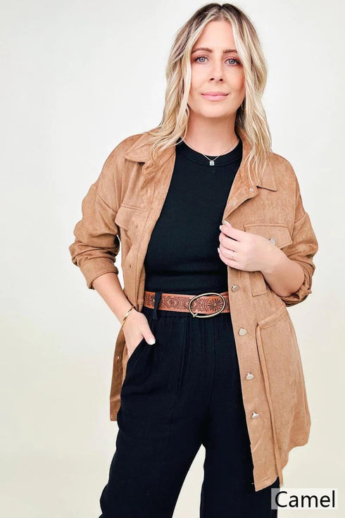 Cotton Bleu Faux Suede Shirt Jacket - LISA MARIE BOUTIQUE